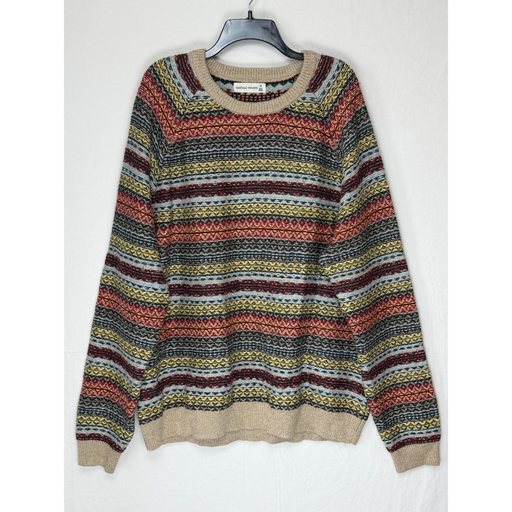 Mutual Weave Mens Cotton Sweater XXL Tan Multi Stripe Raglan Crewneck Knit